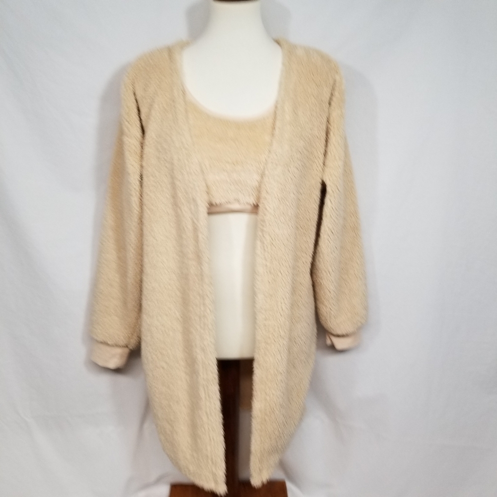 Weekending Womens Tan Crop Tank & Cardigan Ultra Fleece Lounge Set Size Medium